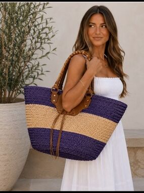 Striped Blue and Tan Straw Tote with Braided Handles